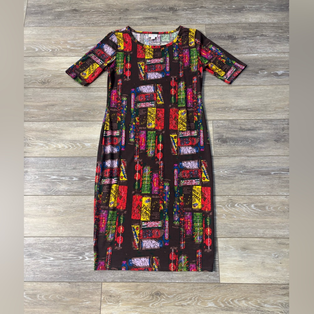 Lularoe Julia Dress Women’s Sz S Book Nerd Library Fun Colorful Casual Comfy